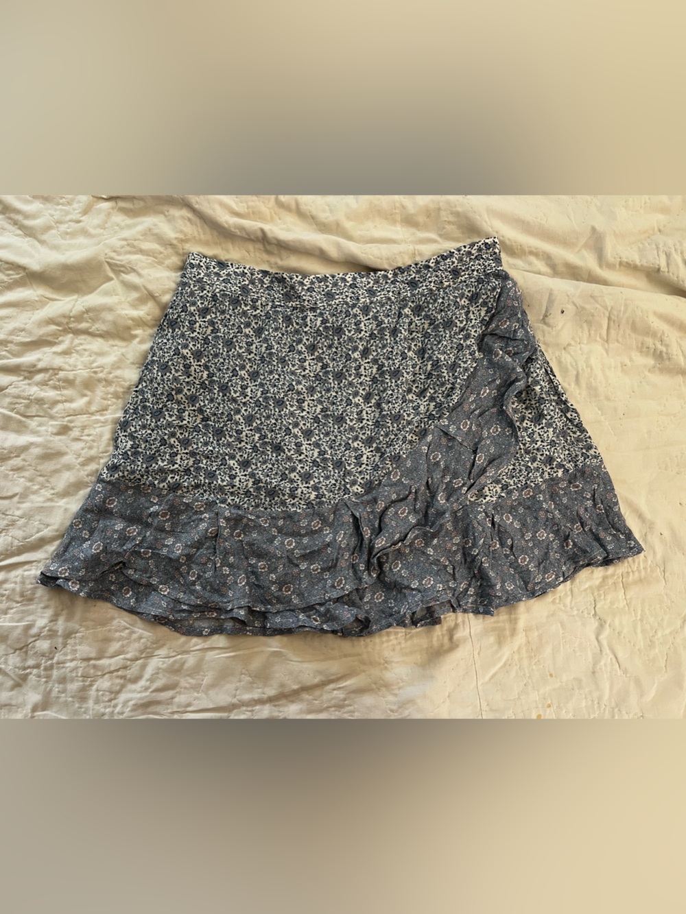 Printed Navy and Grey Floral Mini Skirt with Ruffle Hem